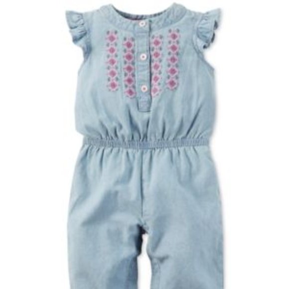 BNWT Carter's Flutter-sleeve Embroidered Chambray Jumpsuit, Baby Girls (24 Mos) - Picture 3 of 3